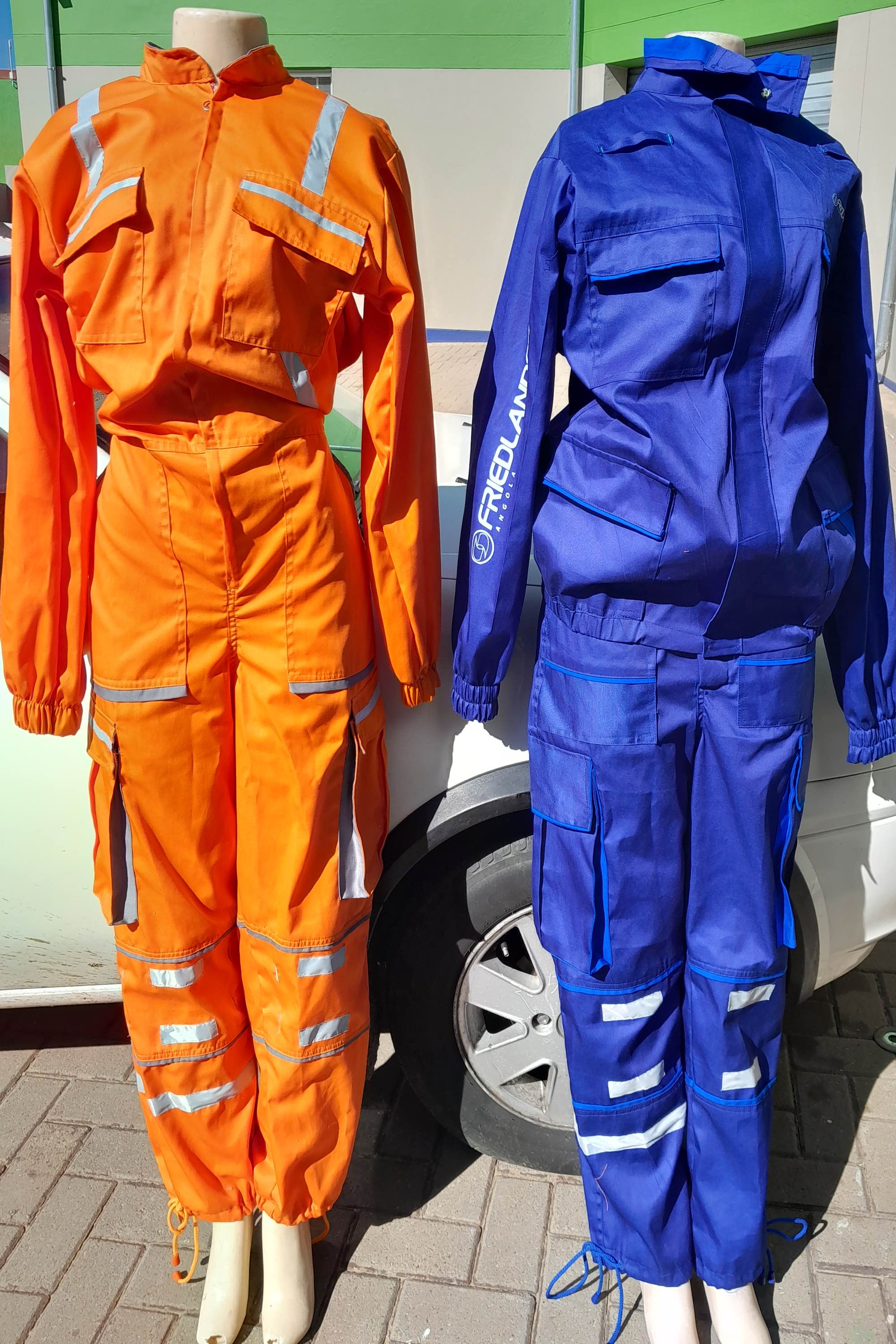 Orange and blue jumpsuits.