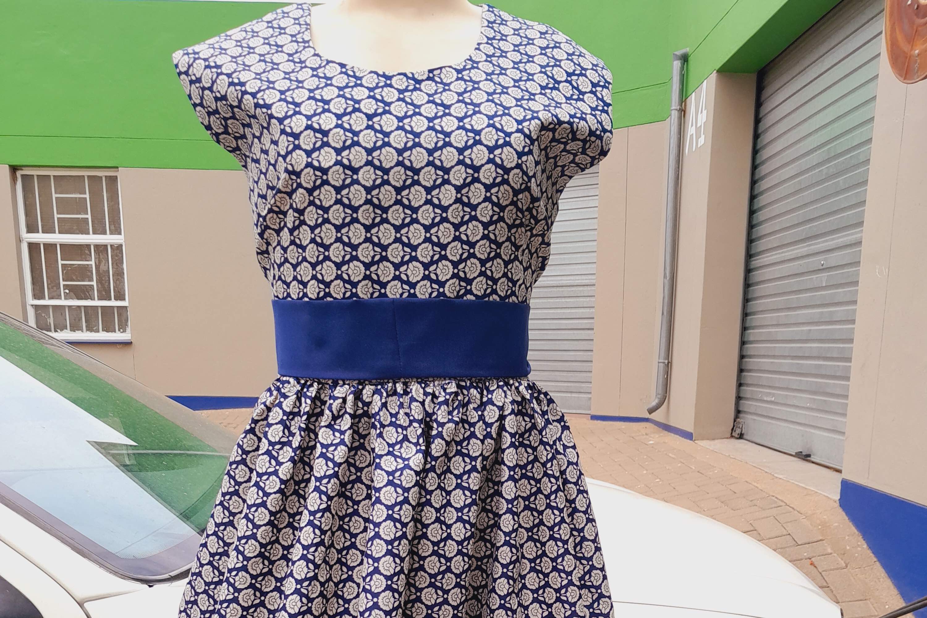 A white and blue dress.